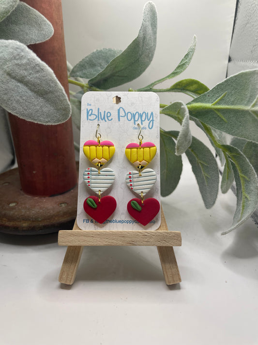 Pencil, Paper, Apple heart trio dangles
